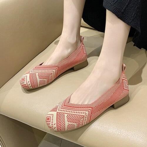 Women Knitting Flats 2020 New Fashion Square Toe Slip on Flat Shoes Woman Loafers Totem Boat Shoes Comfort Ladies Shoes 8567L
