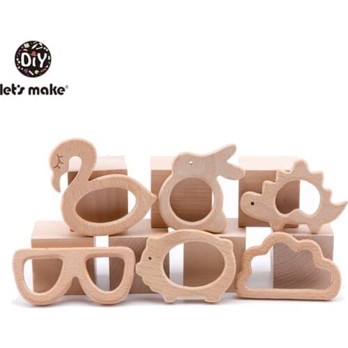 Lets Make Baby Wooden Teether 5pcs Natural Wooden Animal Hedgehog Porcupine Teething Rattle Montessori Inspired Nursing Pendant