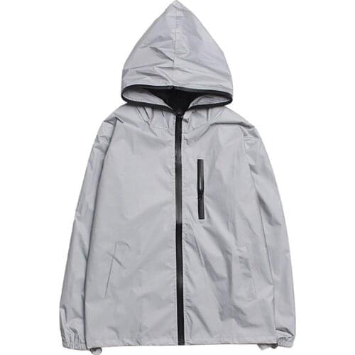 80% HOT SALES!!!Unisex Long Sleeve Zipper Reflective Jacket Hooded Windbreaker Streetwear Coat