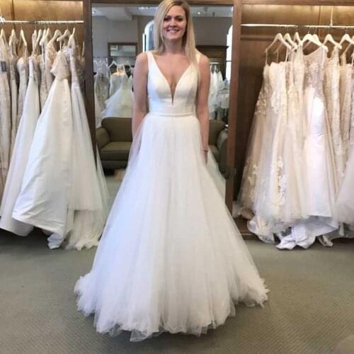 ANGELSBRIDEP Straps Wedding Dresse Robe de mariee Sexy Deep-Neck Tulle Cheap Bridal Gown Formal Bride Dresses Plus Size