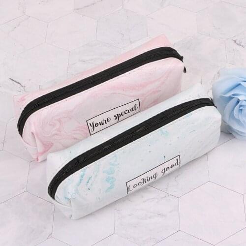 Large Cute Pencil Case for School Students,PU Pen Box Zipper Bags for Girls Boys, Makeup Storage Supplies- Marble Picture