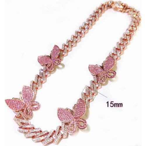 15mm Geometry Rhombus Miami Cuban Chain Necklace Boys Men Hip hop Dragon Lock Clasp Link Butterfly Charm CZ Jewelry Bracelet