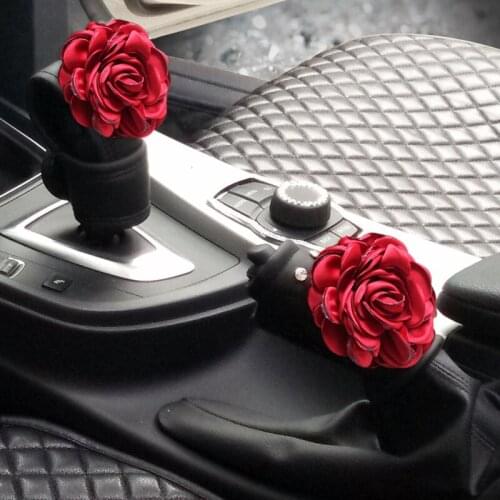 2Pcs/Set Crystal Red Rose Flower Car Handbrake Cover Gear Shifter Knob Cover Rhinestone Leather Auto Car Accessories for Girls