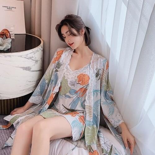 JULYS SONG 2 Pieces Pajamas Set Women Sling Robe Plant Printing Large Size Viscose Sleepwear Nightdress Lady Lace Homewear