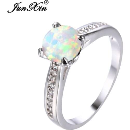 JUNXIN Men Women 7mm Round Ring Boho White Fire Opal Wedding Rings For Couple Cute Promise Engagement Ring Dropshipping Gift