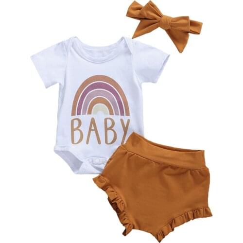 0-18M Newborn Infant Baby Girls Boys Clothes Sets 3pcs Rainbow Print Short Sleeve Romper+Shorts Headband