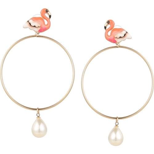 Fashion Small Element Flamingo Pearl Big Circle Earrings Fresh Girl Earrings Jewelry For Women Wedding Gift Explosion Models