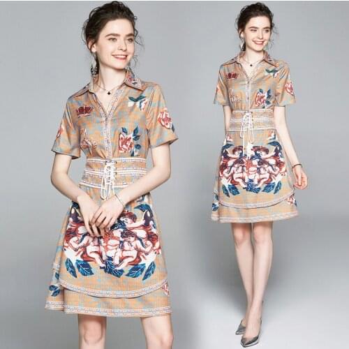 New Summer Runway Vintage Print Collar Bow Belt Short Sleeve Empire Waist Women Ladies Party Casual A-Line Midi Shirt Dress