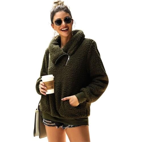 2019 Autumn Winter Lamb cashmere Solid coat zipper high neck Faux lambswool Womens Warm pocket top Ladies teddy casual jacket