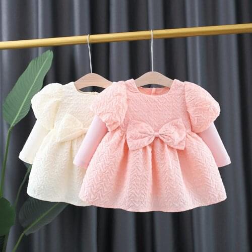 Girls Dress New Autumn Puff-Sleeve Bow Fake Two Piece Sweet Korea Style Party Dress Toddler Clothes for 1-4Y