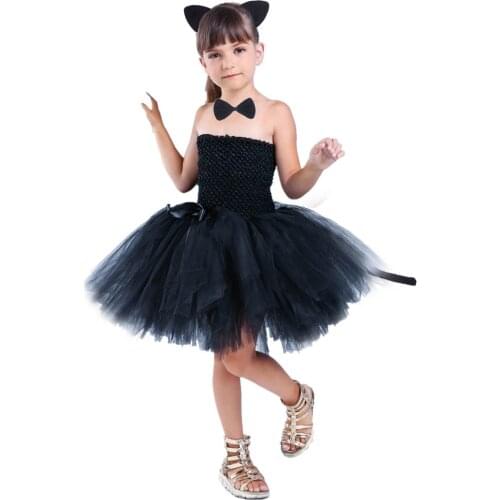 Cute Black Cat Tutu Dress Baby Girls Birthday Dresses Toddler Kids Halloween Costumes Children Animal Cosplay Outfit Solid Black
