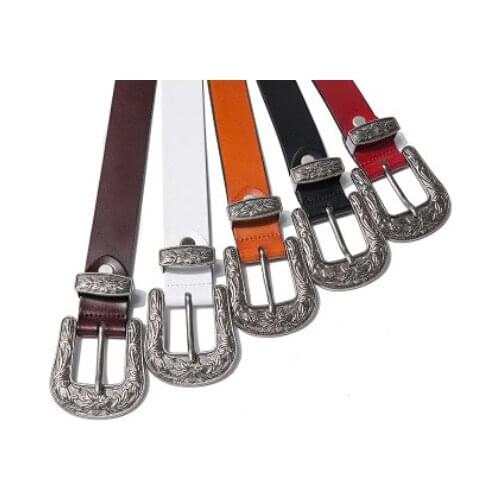 Retro pin buckle belt Korean style ladies two-layer cowhide fashion decorative carved leather belt