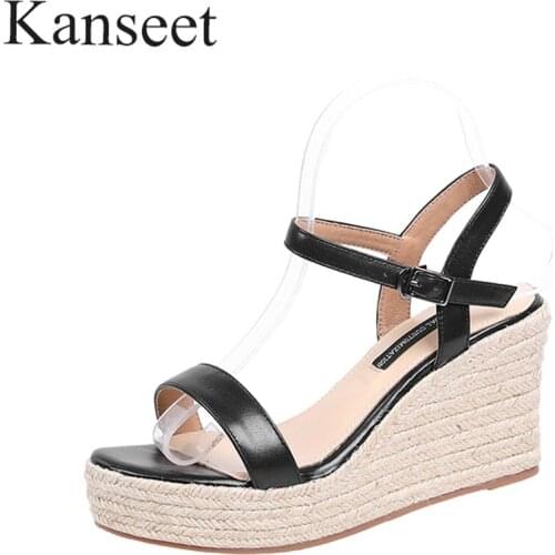 Kanseet Fashion Design Weave Wedges Platform Women Sandals Daily Summer Shoes Buckle Strap Black Apricot Brown High Heels Shoes