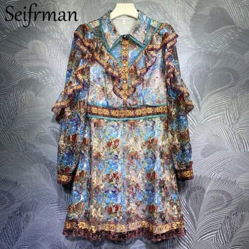 Seifrmann New 2021 Summer Women Fashion Designer Party Short Dress Lantern Sleeve Ruffles Lace Elegant Ladies A-Line Dresses