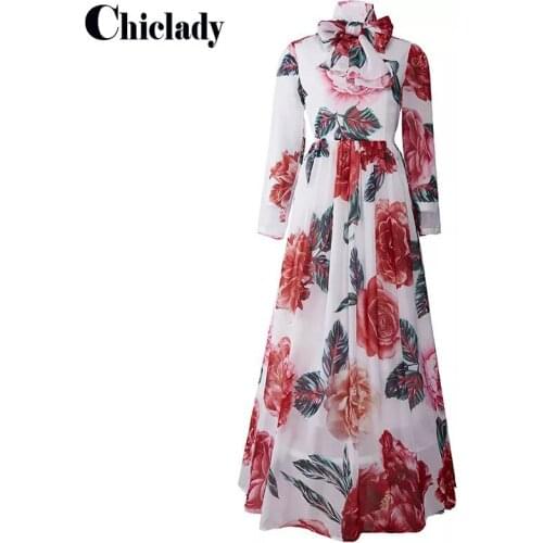 CHICLADY red rose flower printed bow lace up maxi chiffon dress for women party holiday casual plus size 2XL vintage ropa mujer