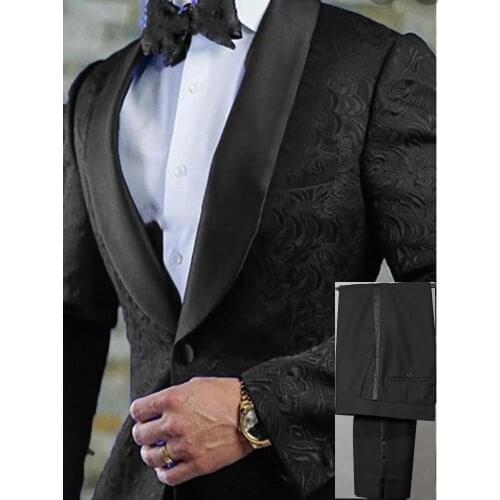 Groomsmen Black Pattern Groom Tuxedos Shawl Satin Lapel Men Suits 2 Pieces Wedding Bridegroom ( Jacket + Pants + Bow Tie ) D302