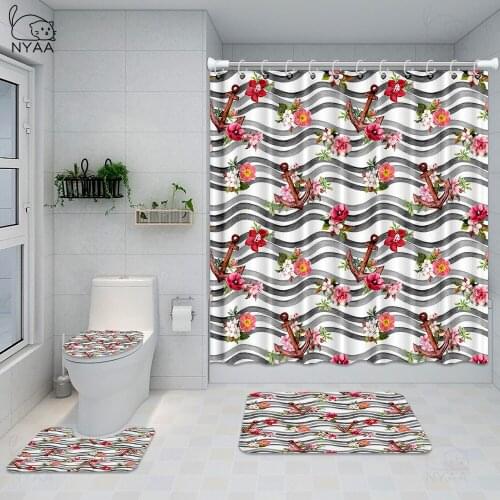 Bathroom Mat set Retro Old Style Anchor Non-Slip Carpet Toilet Seat Cover Shower 180cm X 180cm Curtain Bath Mat Set Drop Ship