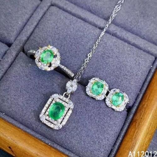 KJJEAXCMY fine jewelry natural Emerald 925 sterling silver fashion girl pendant necklace chain earrings ring set support test