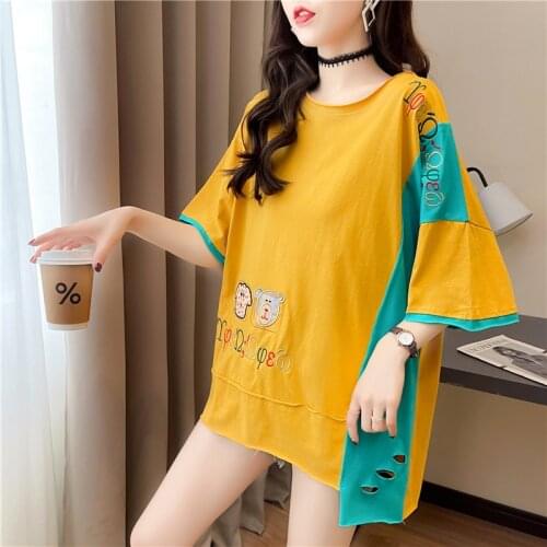 2021 New T-shirt Womens Short-sleeved Loose Mid-length Stitching Korean Version Tops for Women