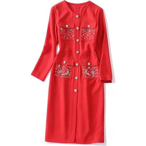 European and American womens wear new autumn 2022 Long-sleeved round collar Fashion diamond button embroidered sequins dress