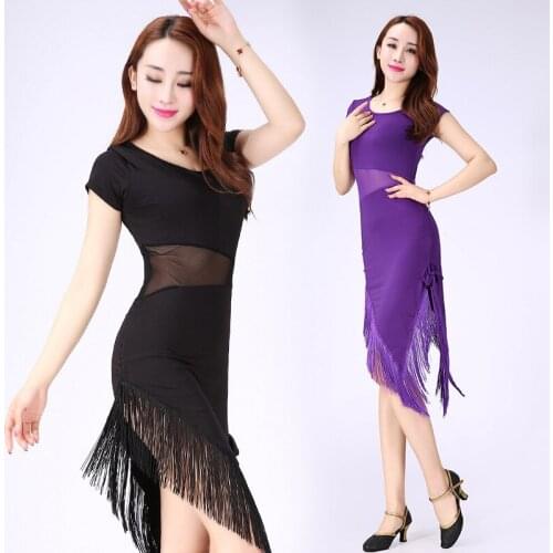 2020 new Women Competition Dance Clothes Oblique shoulders tassels Sleeves Fringe Salsa Dresses Latin Ballroom Dance Dress