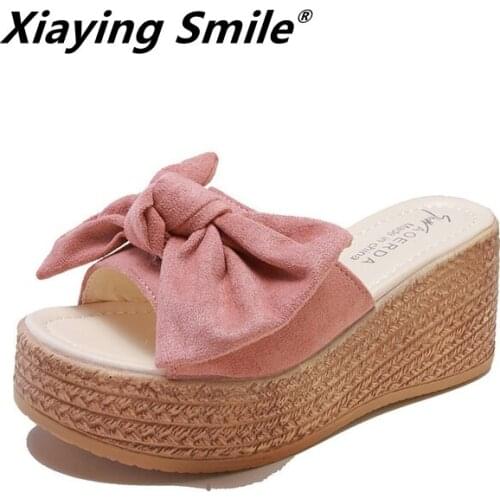 Xiaying Smile Summer Flip-Flops Womens Fashion Bow Trifle Wedges Wear Non-slip Thick-heeled High-heeled Sandals