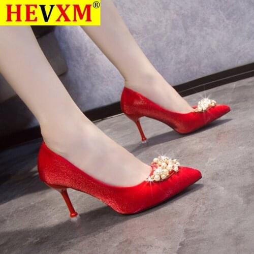 Womens Pumps Shallow String Bead Wedding Shoes Korean Fashion Women Solid Flock Pointed Toe High Heels 7.5cm Shoes