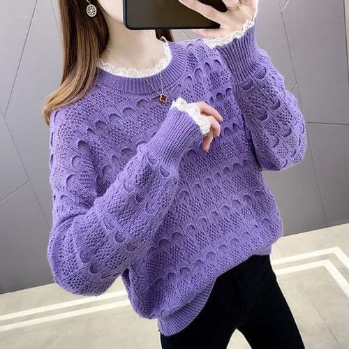 Fashion Sweaters Women Fall Lace Patchwork Hollow Out Loose V Neck Long Sleeve Thin Knitted Pullovers Winter Casual Chic Jumper