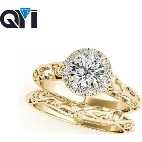 QYI 14K Solid Yellow Gold Ring Set Women Engagement Round Cut 0.5 ct Sona Simulated Diamond Jewelry Women Wedding Ring
