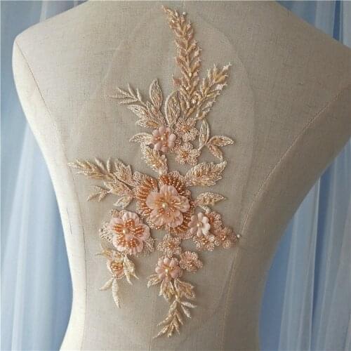 1 Piece 28*16.5cm Elegant 3D Flower Embroiderey Pearl Beaded Lace Applique Lace Trim Dress Fabrics Material Colors