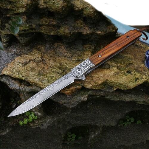 Free shipping sharp Damascus steel imports blacksmithing camping tool folding knife wood handle outdoor self-defense knife