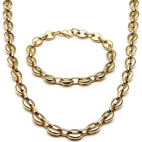 MIQIAO Stainless Steel Titanium Coffee Beads Gold Bangles Wrist Chain Bracelet Collar Necklace Jewelry Sets for Men Friends Gift