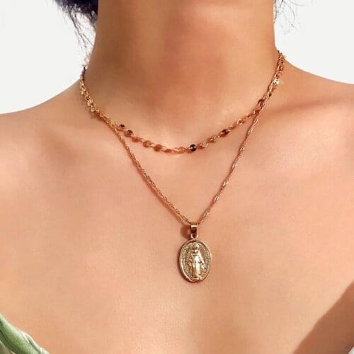 2018 New Arrival Round Disc Coin Chain Layered Choker Christ Mary Pendant Necklace Jewelry for Women