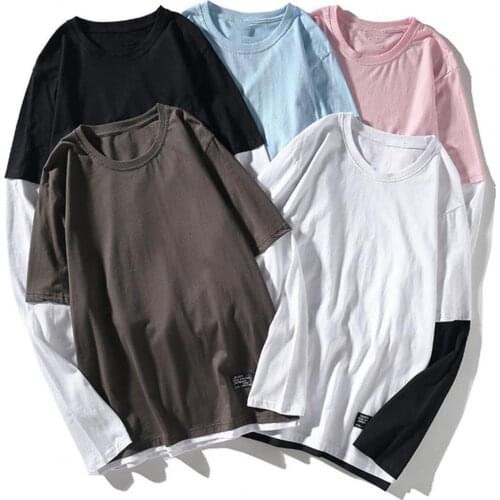 Men Casual T-shirt Round Neck Fake Two Pieces Spring Autumn Color Block Long Sleeve O Neck Pullover Top Office Streetwear