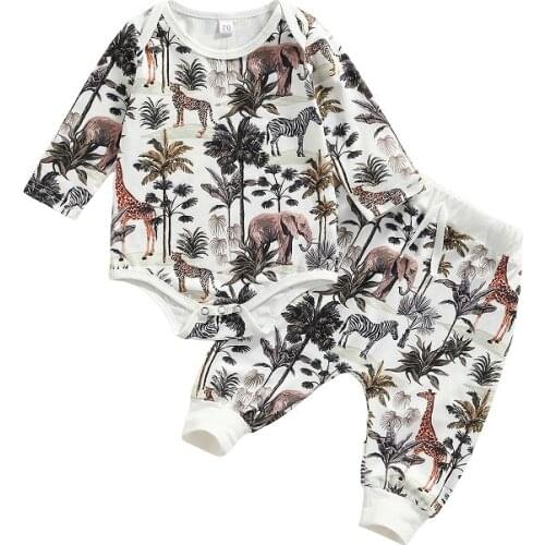 0-24M Newborn Baby Boy Gir Long Sleeve Cartoon Animal Print Cotton Bodysuit Tops Long Pant Trouser 2PCS Autumn Clothes Set