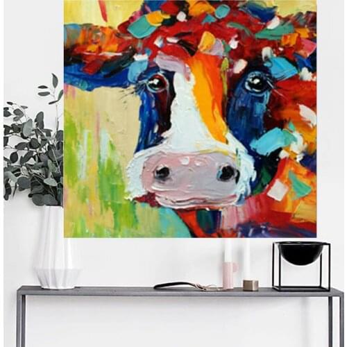 Handmade wall oil painting of lovely cartoon cute cow animal oil paintings for living room decoration