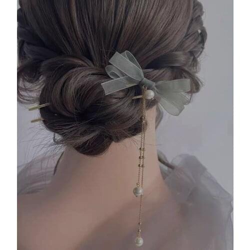 Fashion Super Fairy Tassel Pearl Pendant Bowknot Hairpin Temperament Hair Sticks For Girls Wedding Bridal Tiara Hair Accessories
