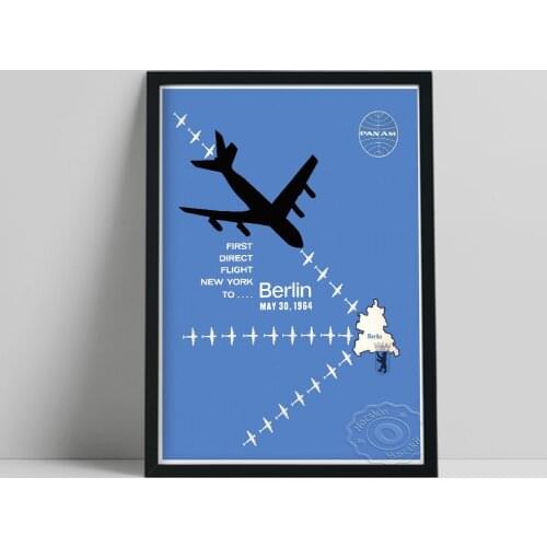 Panam To Berlin 1964 Airline Company Poster, Blue Background Airplane Art Canvas Painting, Nordic Vintage Style Home Wall Decor