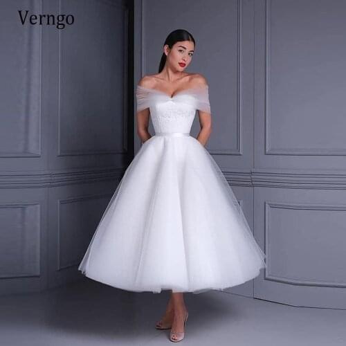 Verngo Simple Satin A Line Wedding Dress 2021 Off the Shoulder Convertible Style Tea Length Bridal Gowns For Engagement Party