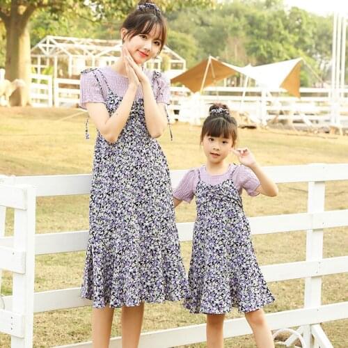 Casual New Summer Flower Print Family Outfits Mother Daughter Women Girl Purple Short Sleeve T Shirt + Dress Sets