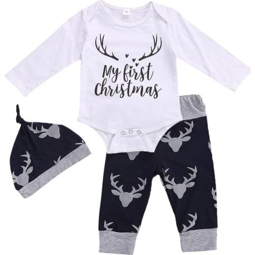 Newborn Baby Boys Christmas Set Long Sleeve Romper Elk Pattern Pants Round Collar Wrap Hat Toddler Boy Clothes Suit 0-18M