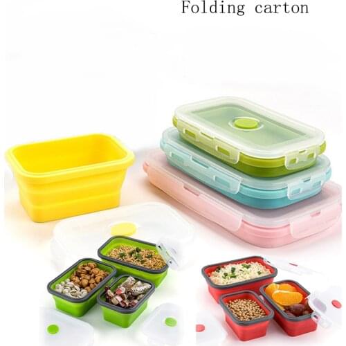 Silicone Folding Lunch Rectangle Box Portable Outdoor Travel Container Food Grade Retractable Refrigerator Storage Box Microwave