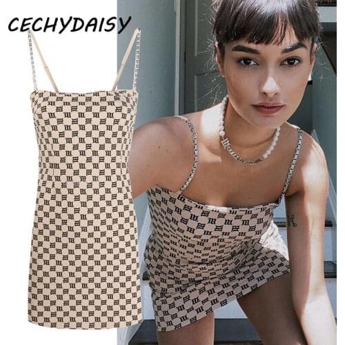 Sexy Mini Short Dress Women Designer Print Link Strap Sleeveless Bodycon Celebrity Clubwear Night Dresses Hot 2021 Fashion Femme