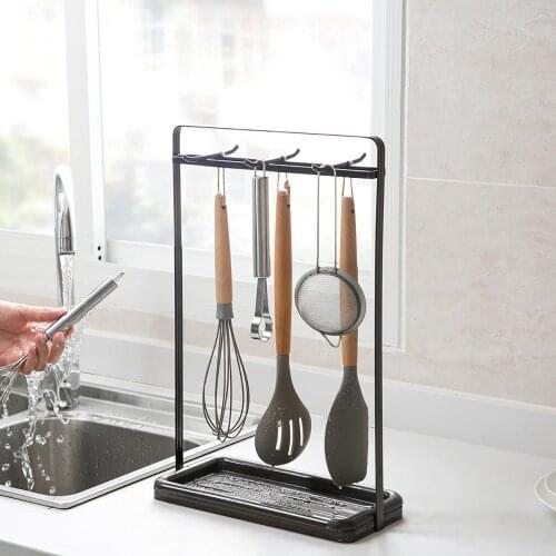 Kitchen countertop rack wrought iron kitchenware rack with 6 hooks with drain pan, spatula, spoon, drain storage rack