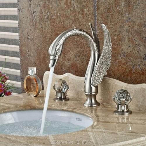 Uythner Newly Luxury Swan Style Basin Faucet Nickel Brushed Bathroom Sink Mixer Faucet Tap Crystal Handles