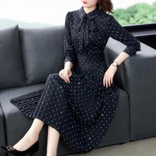 2021 Spring Autumn Vintage Dot Print Pleated Dresses Casual Black 5XL Plus Size Midi Dress Women Bodycon Elegant Party Vestidos