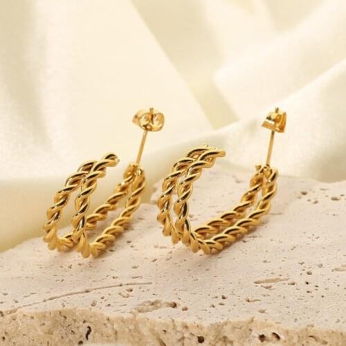18K Gold Plated Stainless Steel Hoop Earrings For Women Double Layer CC Shape Twist Open Design Earrings Jewelry