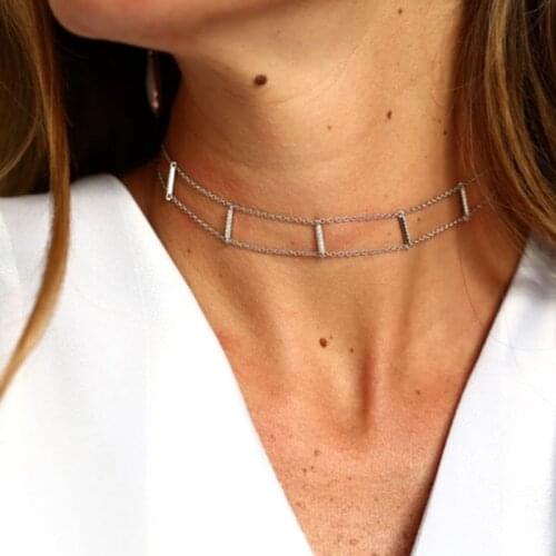 Latest fashion aaa cz mirco pave 925 sterling silver bar charm choker double chain setting women wedding jewelry short necklace