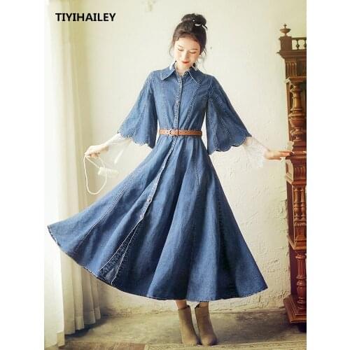 TIYIHAILEY Free Shipping Boshow Women Cotton Denim Long Maxi Flare Half Sleeve Single Breasted Dress Spring And Autumn Vintage
