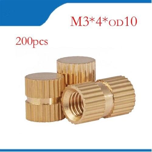 200pcs M3 x 10mm x OD 4mm Injection Molding Brass Knurled Thread Inserts Nuts